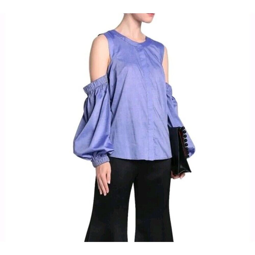 Milly Top Womens Size 2 Blouse Mica Cold Shoulder Round Neck Poplin Blue USA